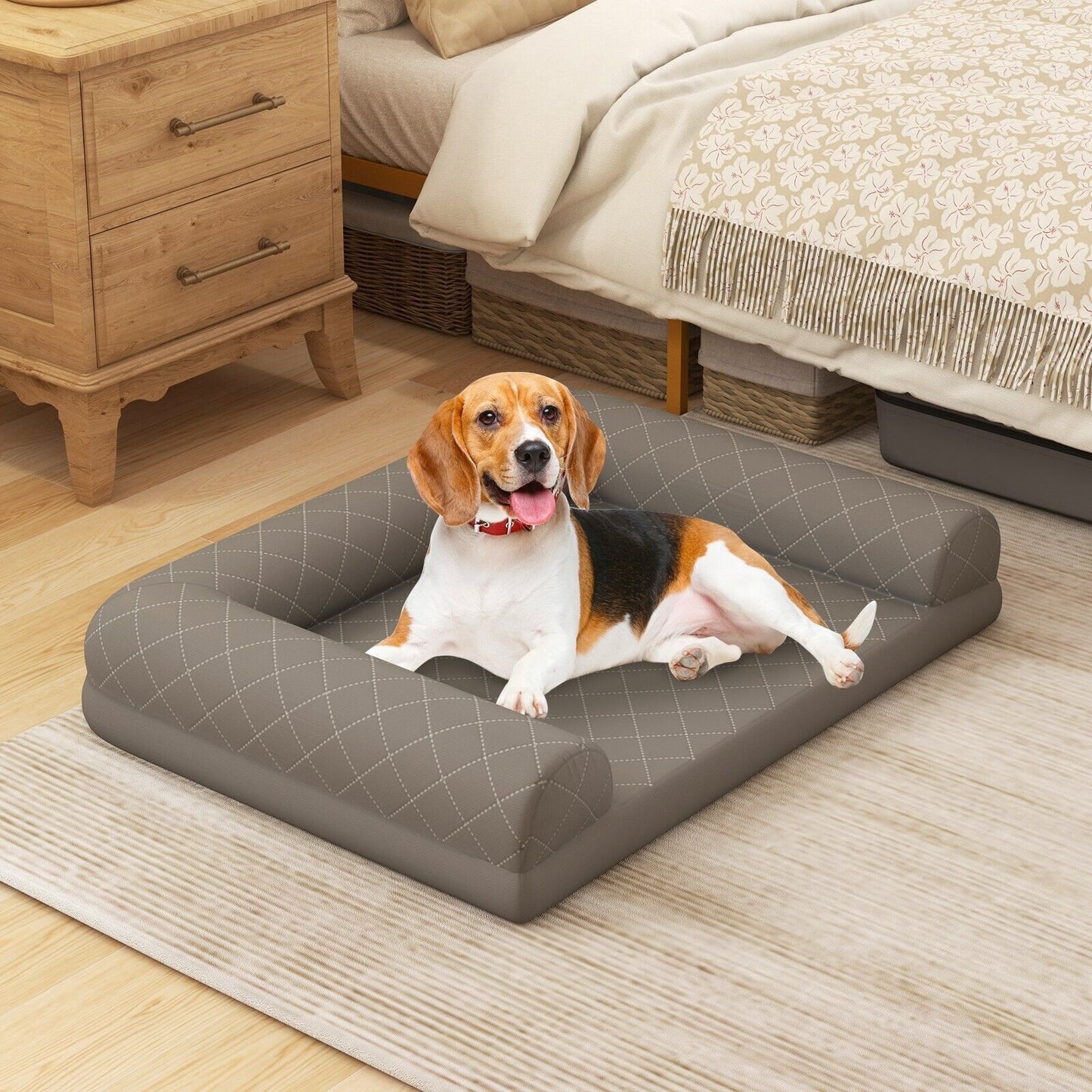 Orthopedic Dog Bed Medium Small Dogs Egg-Foam Dog Crate Bed W/ 3-Side Bolster