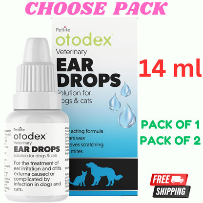 Petlife Otodex Cats Dog Ear Infection Drops Fast Acting 14Ml Clears Wax Mites Uk