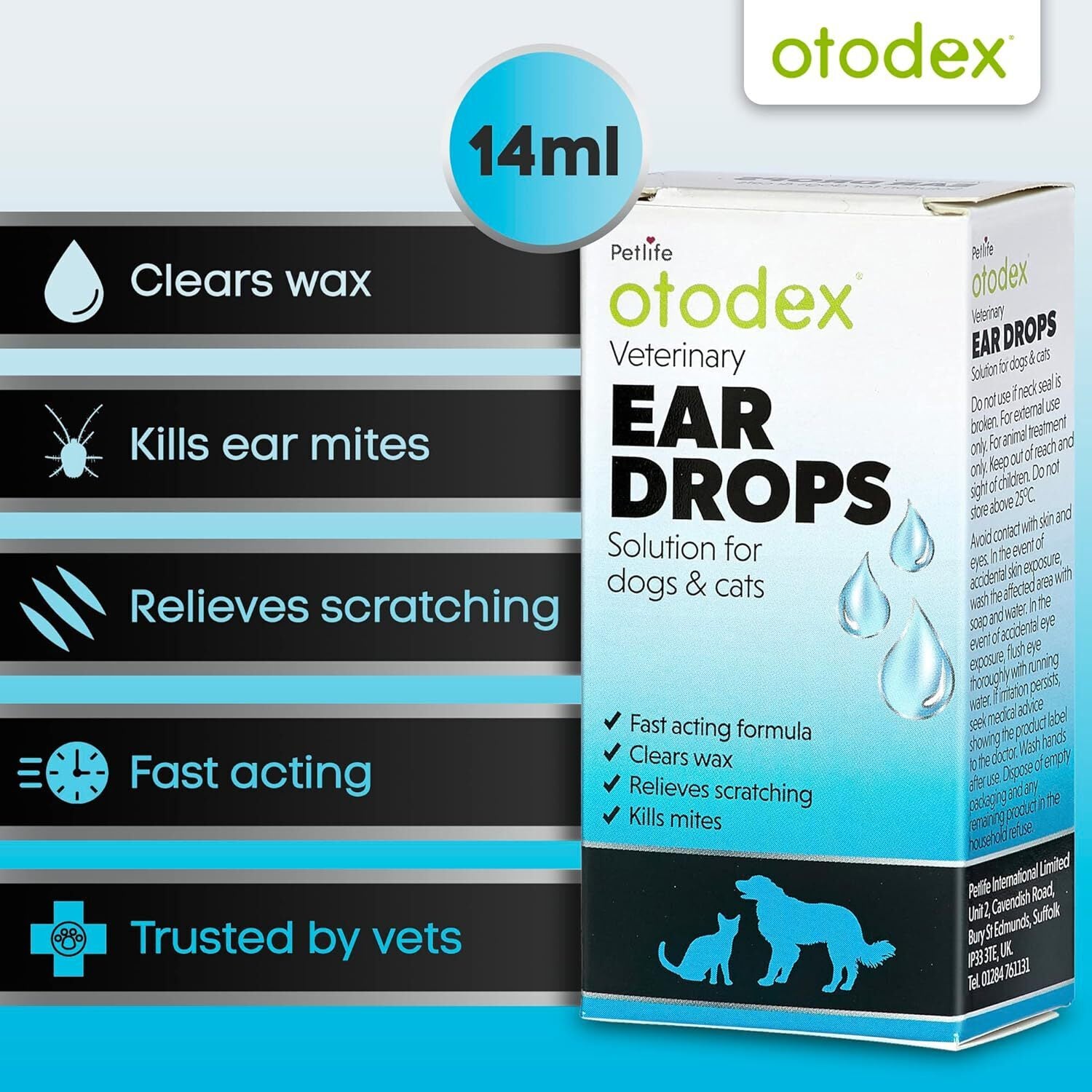 Petlife Otodex Cats Dog Ear Infection Drops Fast Acting 14Ml Clears Wax Mites Uk