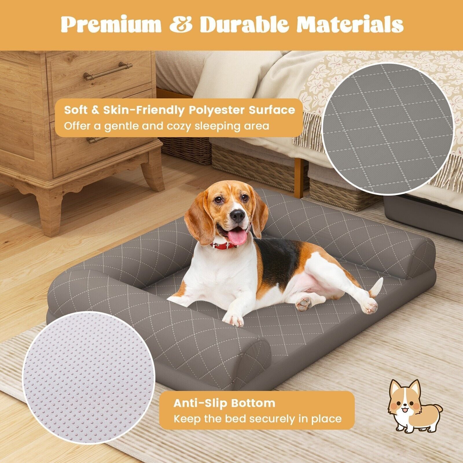 Orthopedic Dog Bed Medium Small Dogs Egg-Foam Dog Crate Bed W/ 3-Side Bolster