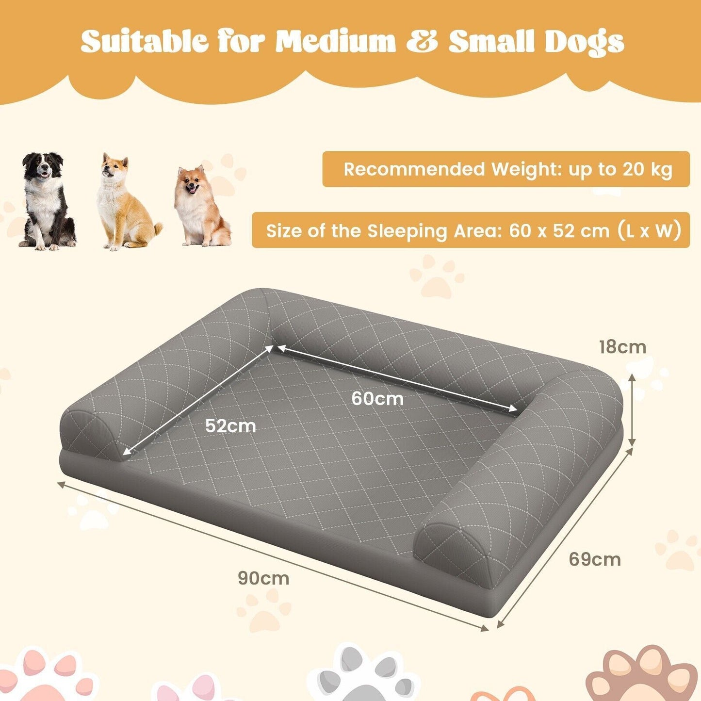 Orthopedic Dog Bed Medium Small Dogs Egg-Foam Dog Crate Bed W/ 3-Side Bolster