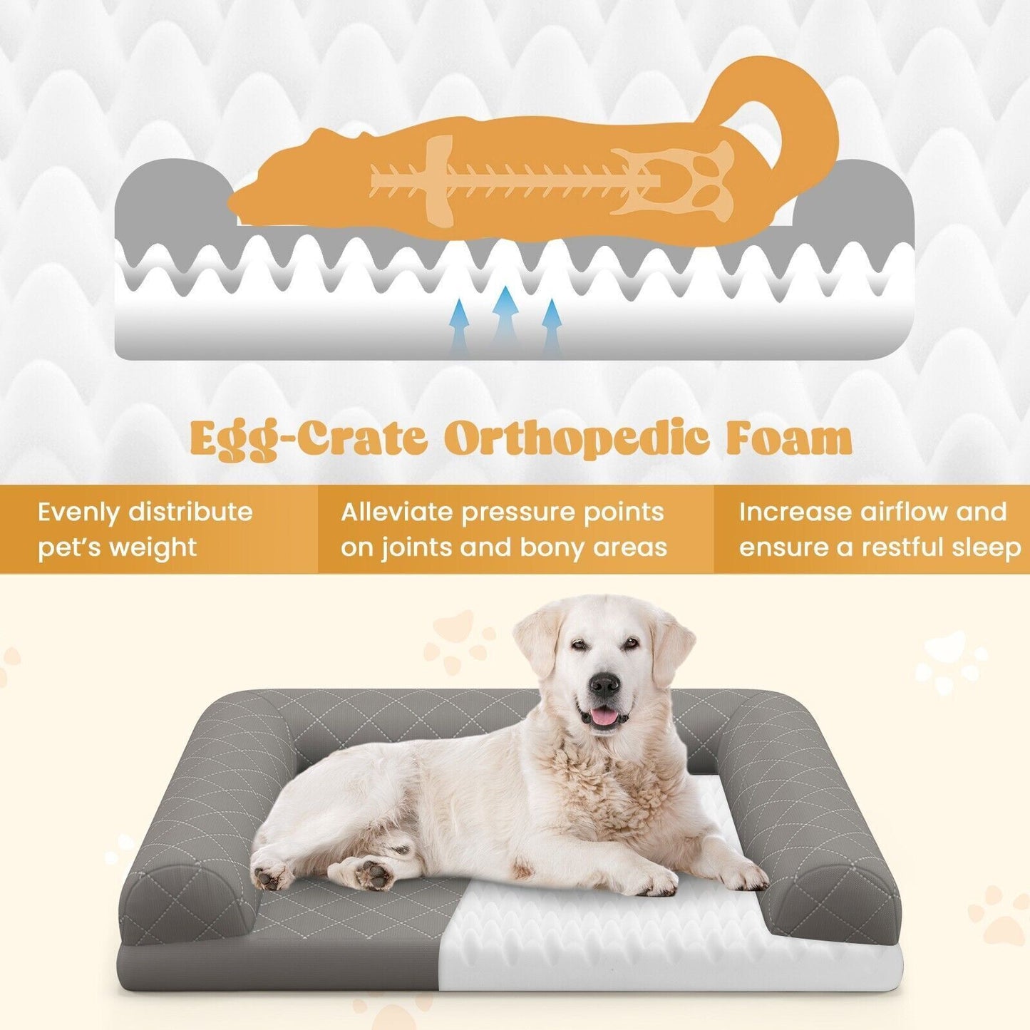 Orthopedic Dog Bed Medium Small Dogs Egg-Foam Dog Crate Bed W/ 3-Side Bolster
